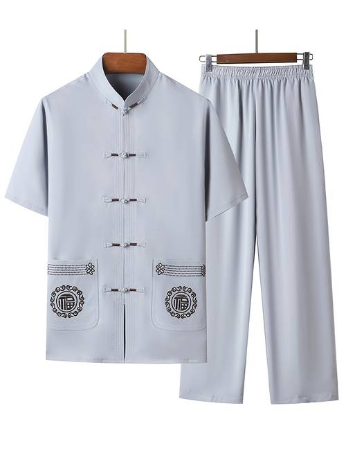 mens summer chinese style short sleeve casual tang suit set