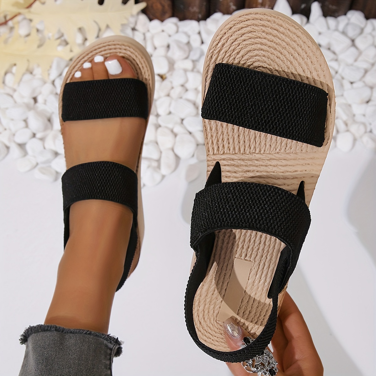 

Women's Summer Wedge Sandals, Casual Open Toe Elastic Band Slip On Shoes, Lightweight Outdoor Beach Sandals
