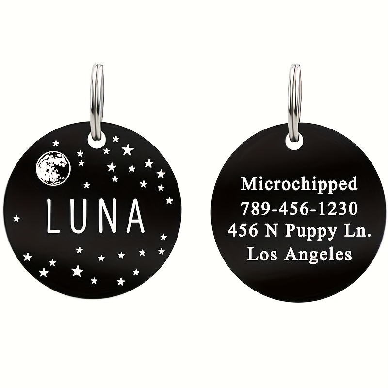 TEMU Stainless Steel Pet Id Tag With Personalized Front And Back Engraving, Custom Tags, Optional Double-sided Engraving, Round Moon Design Tag