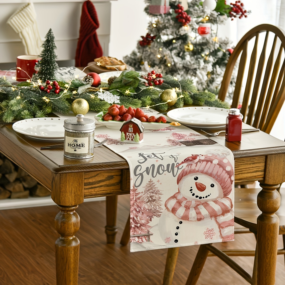 

Festive Snowman Christmas Table Runner - 13x72 Inches, Floral Pattern, Polyester Material, Perfect For Holiday Dining And Home Decor