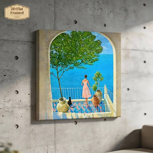 item picture 2d flat 2d flat posters prints 1pc framed canvas painting balcony scene in pink dress black cat potted trees pastel canvas wall wooden frame ready to hang