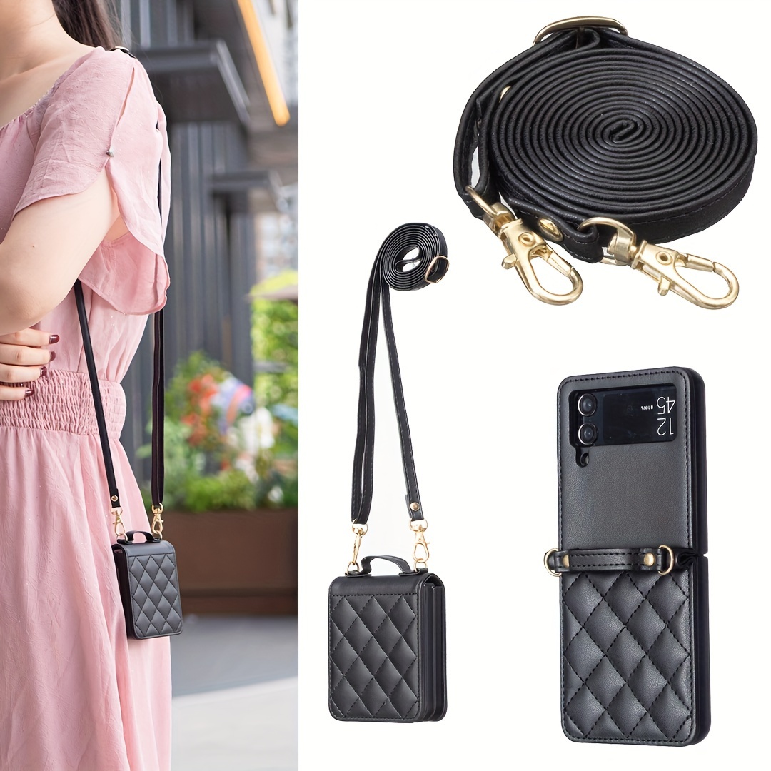 TEMU Small Fragrance Long Strap Model For Galaxy Z Flip 6/5/4/3/2 5g Shockproof Case With Long Strap Slanted Wallet Card Case.