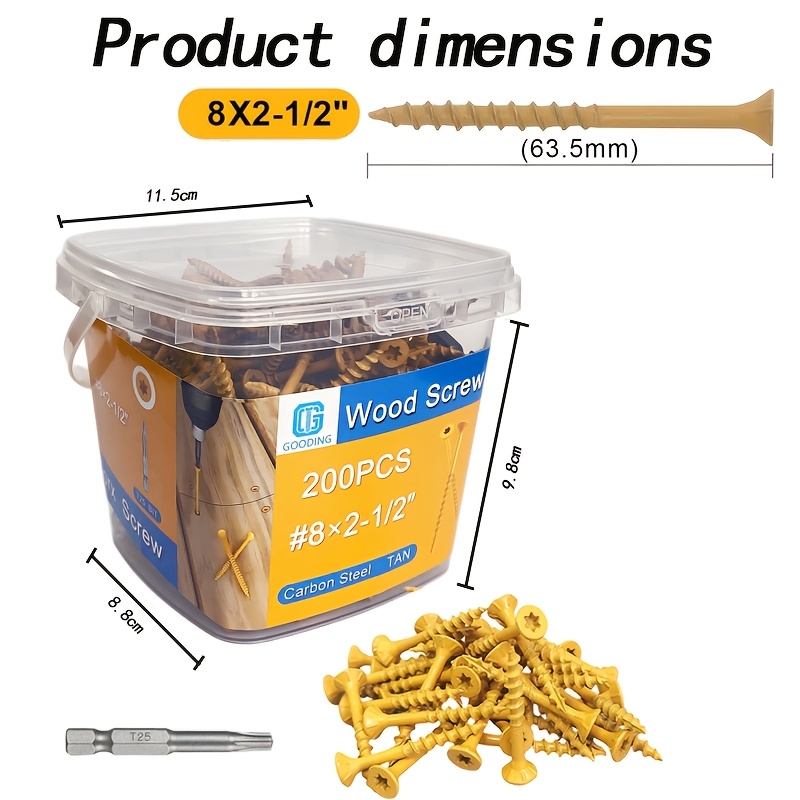 Image of 200pcs #8 X 2-1/2" Wood Screws, Rust-resistant Exterior Screws, Yellow Galvanized - - Perfect For Wood Panel Fastening