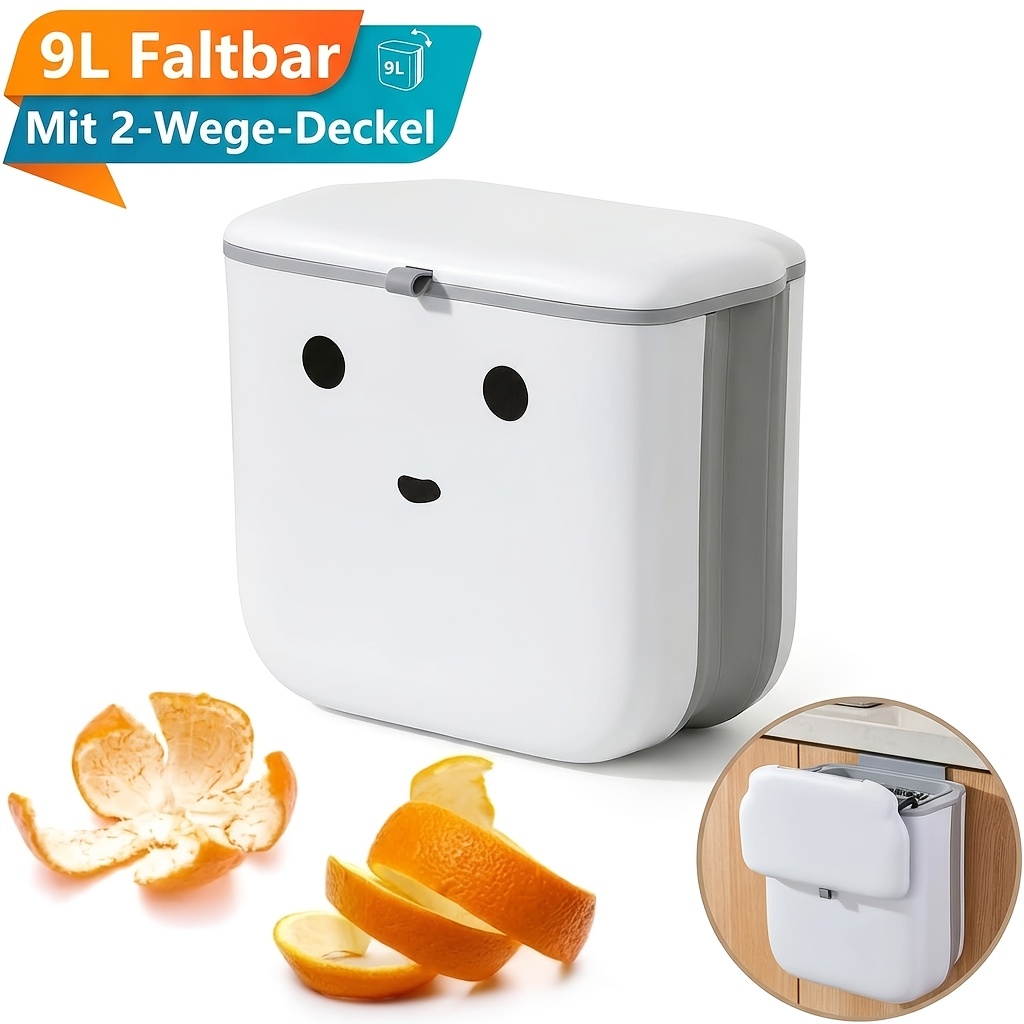 Image of 9l Foldable Hanging Trash Can With Lid And Scraper - Wall Mounted Waste Basket For Kitchen Cabinet Door .5cm, Odor-proof Compost Bin For Rv, Bathroom And Office, White