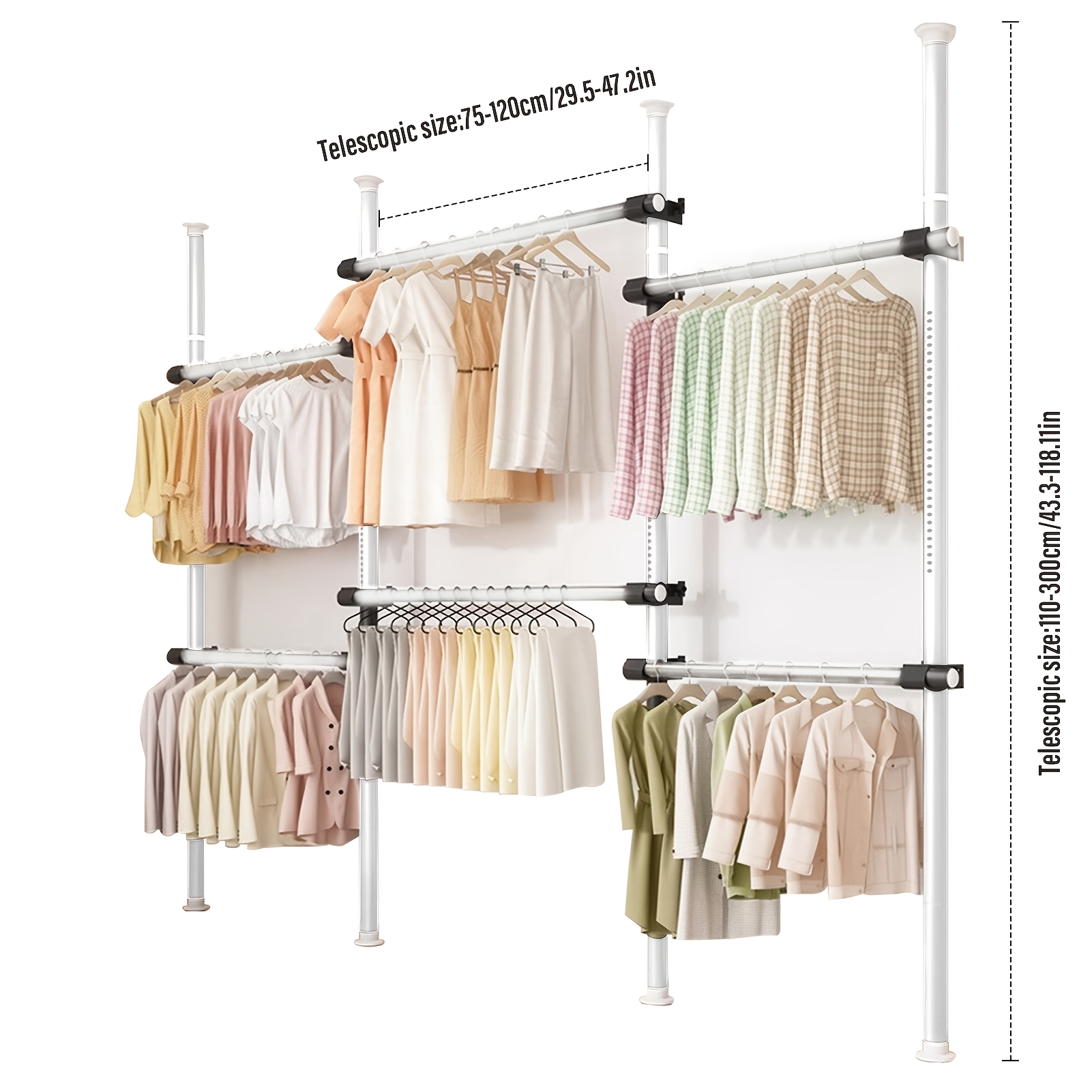 TEMU Telescopic Clothes Mounted - Expandable 0.75-1.2m X 1.1- Metal Wardrobe Rack, 20kg Load Stainless Stand With Hooks For Bedroom/balcony/hallway,
