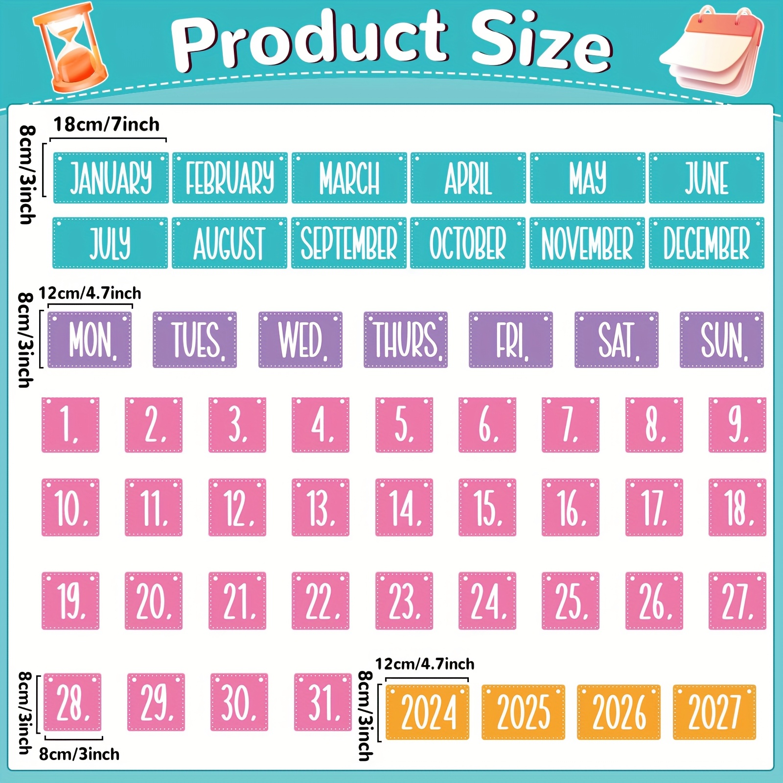 MotiMind Kalender-Pinnwand-Set – Regenbogen-Design, 55 Datumskarten, Verstellbarer Halter, Für Klassenzimmer & Zuhause