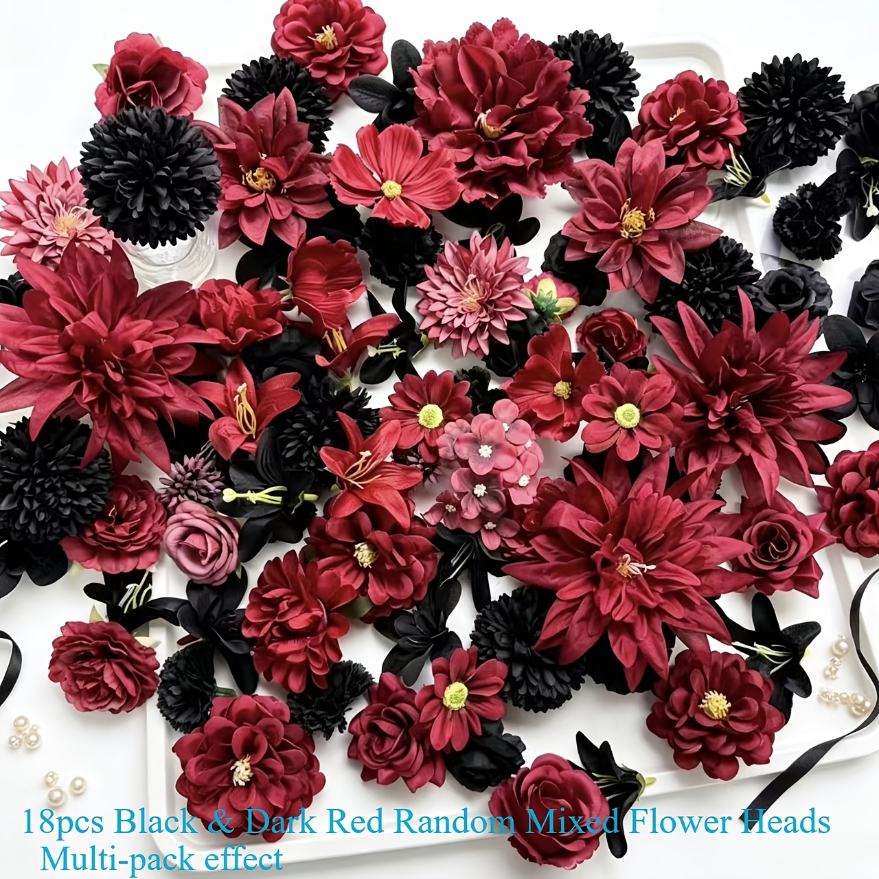 TEMU 18pcs Black & Dark Red Mixed Artificial Flower Heads, Random Assorted Styles, Size 3cm-14cm, Diy Crafts For Home Decor, Halloween, Wedding,