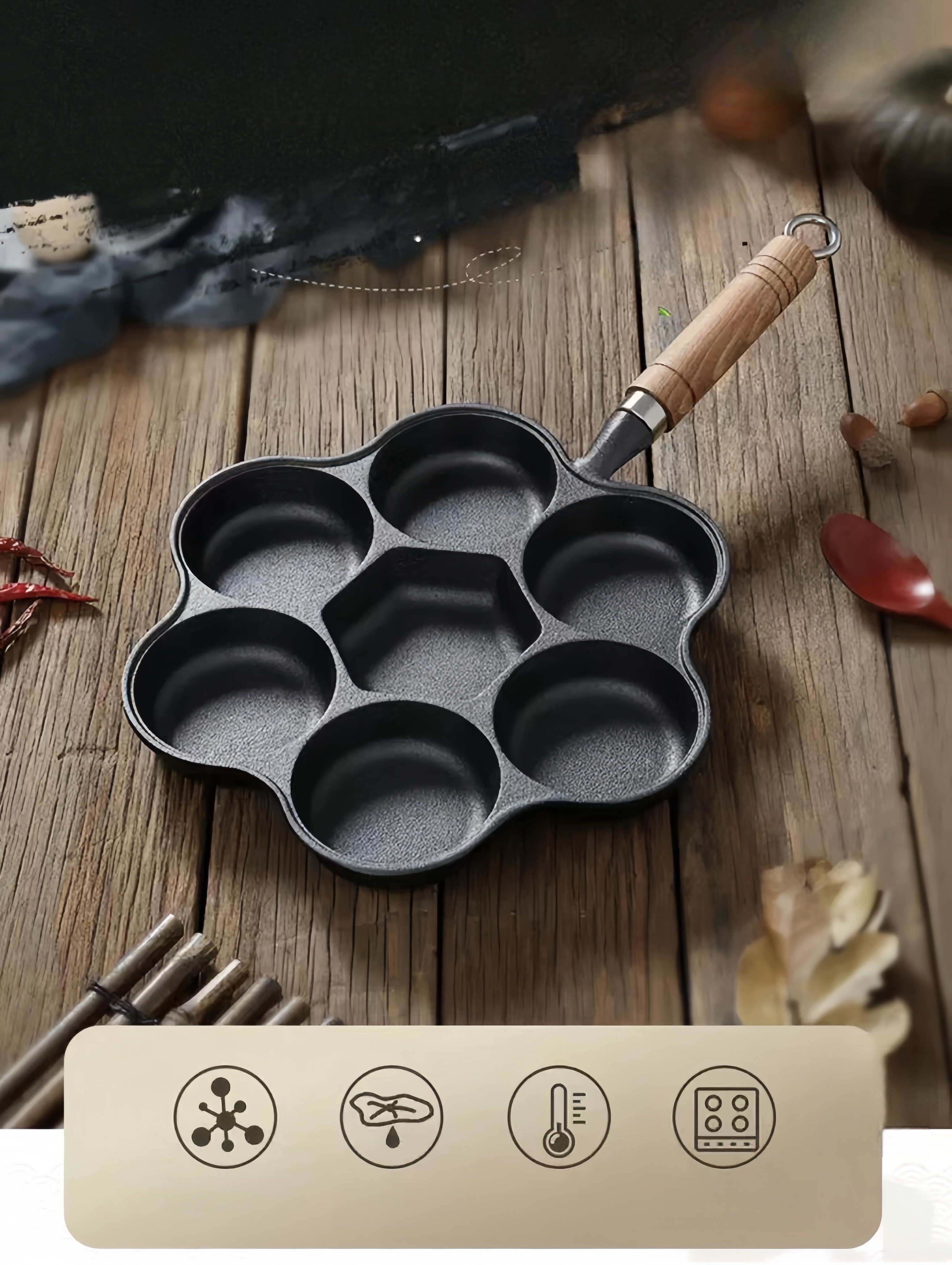 1pc cast iron 7 hole omelette pan petal shape deep design non stick no coating   mold with wooden handle   breakfast kitchen accessories details 0