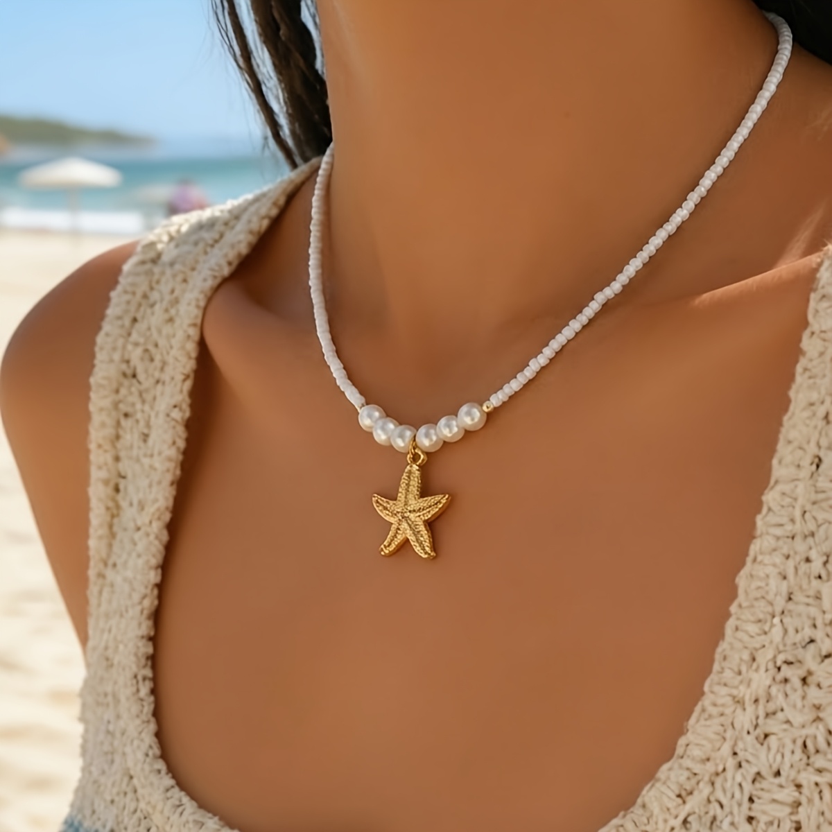 TEMU 1 collar versátil de y verano con cuentas de arroz tejidas y colgante de de , collar de cuello con cuentas de perlas artificiales, adecuado para