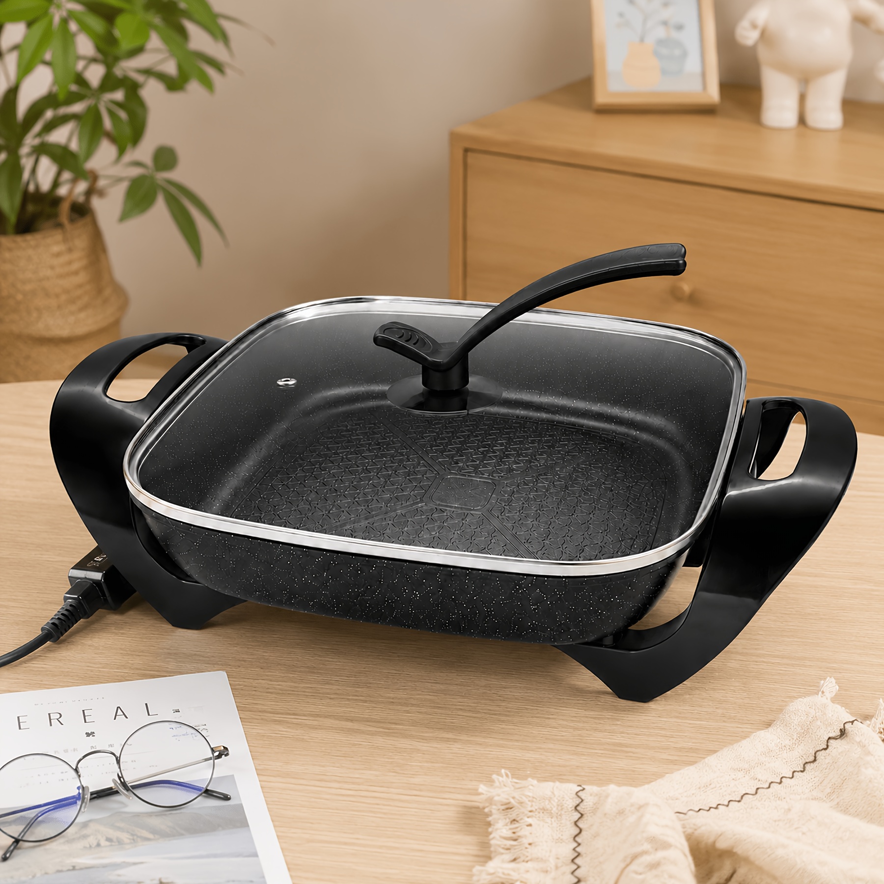 TEMU Ceramic Electric Cooker With A Glass Lid, Comes With A Four-piece Kitchen Utensil Set, Made Of Aluminum, 1500w, Adjustable Temperature Control,