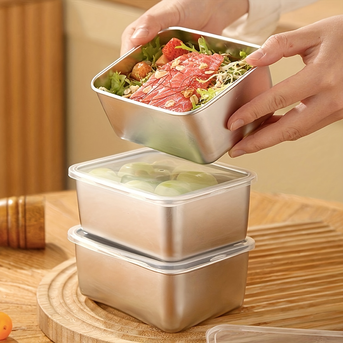 

Stainless Steel Food Storage Boxes: 1pc, 2pc, 5pc - Handwashable, Reusable, Rectangular, And Lid-clasp Design For Kitchen And Freezer Storage