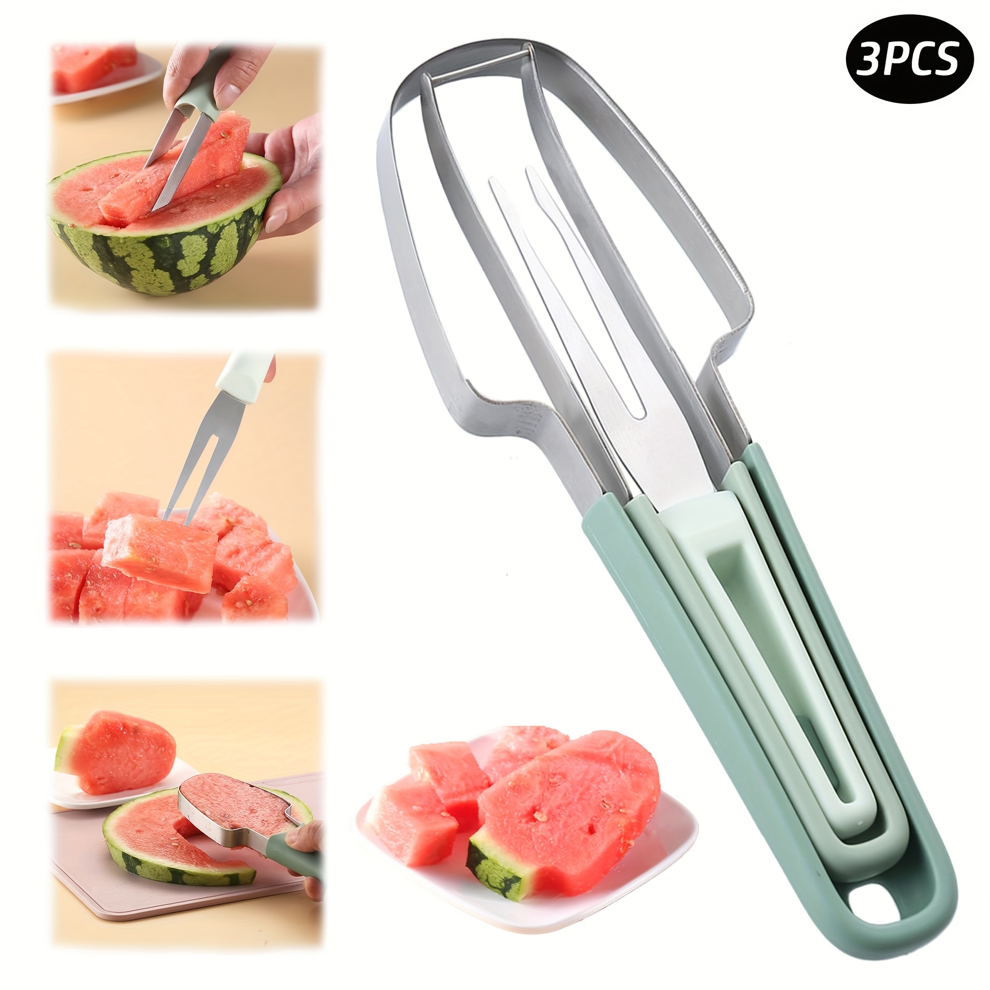 

3-piece Stainless Steel Watermelon Slicer Set - Dual-function Cutter & Fruit Clip, Multi-use Kitchen Gadget For Easy Cubes