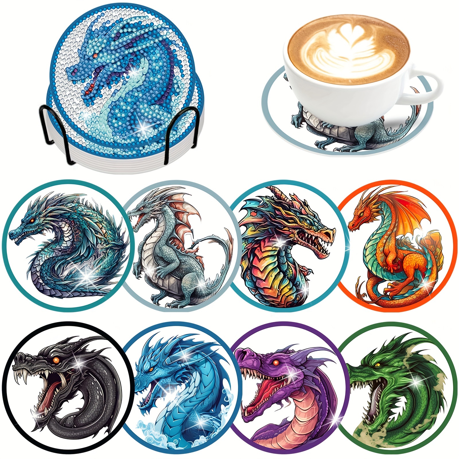 

8-piece Diy Dragon Diamond Art Coaster Set With Stands, Round Gem Craft Kit For Beginners, Animal Theme Beverage Mats Diamond Art Coaster Kits Diamond Art Kits Coasters