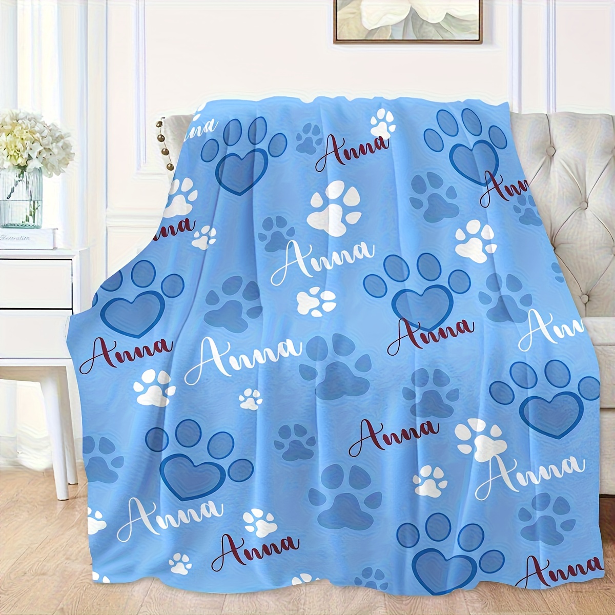 TEMU Personalized Paw Print Dog Blanket With Pet's Name, Custom Blanket For Small Dogs, Flannel Cute Puppy Blanket, Dog Memorial Gifts For Loss Of