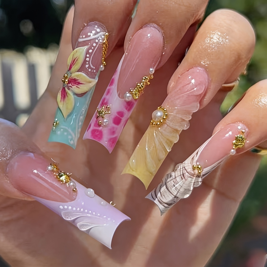 TEMU 24pcs Tropical Luxurious Extra Long Press-on Nails, Multi-colored, Hand-pierced With Pearls And Seashells, Glossy End, Suitable For Women' Life,