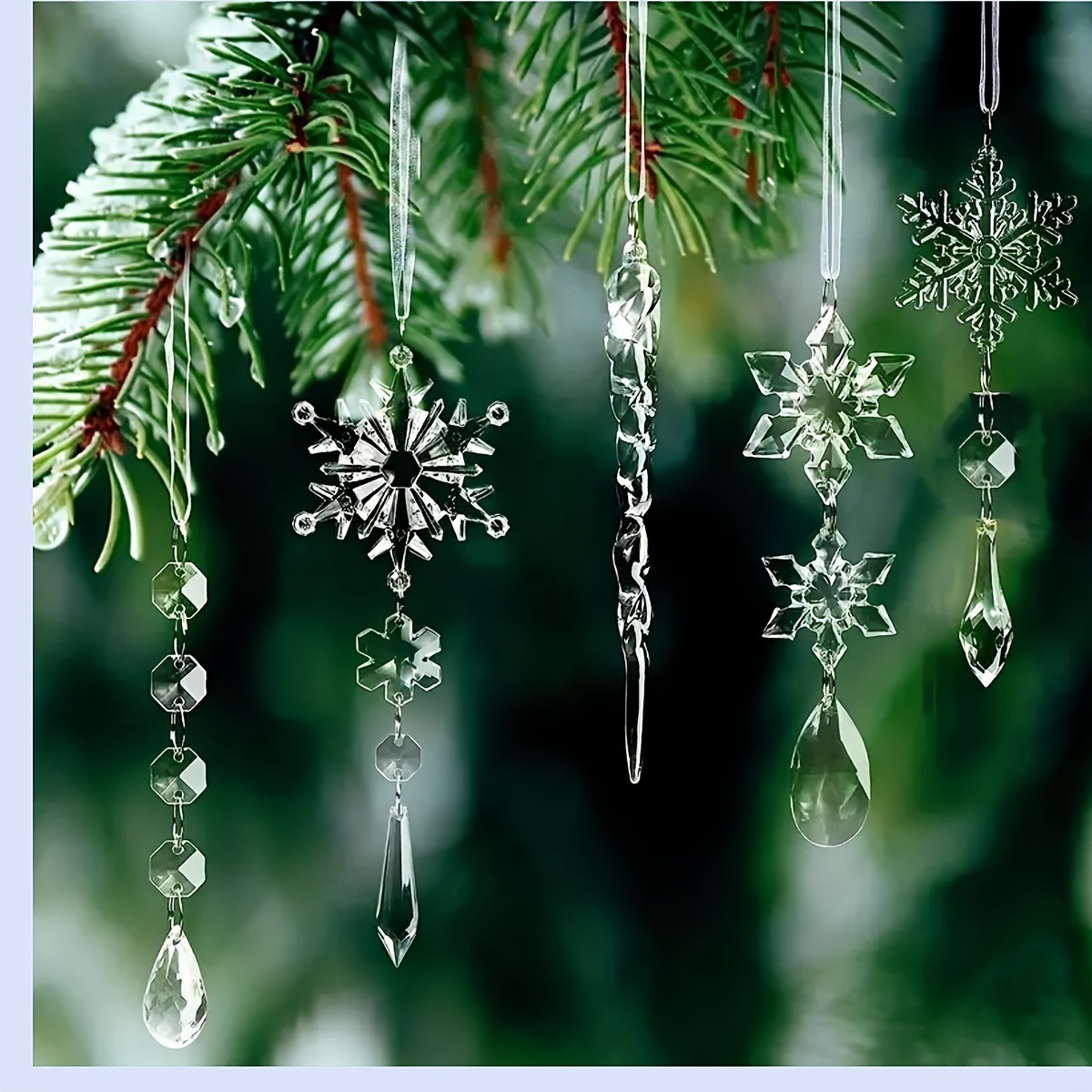 TEMU 15pcs Sparkling Crystal Ornaments Set - Acrylic Christmas Tree Decorations With Silvery Strings For Easy Hanging, Winter Wonderland Parties &