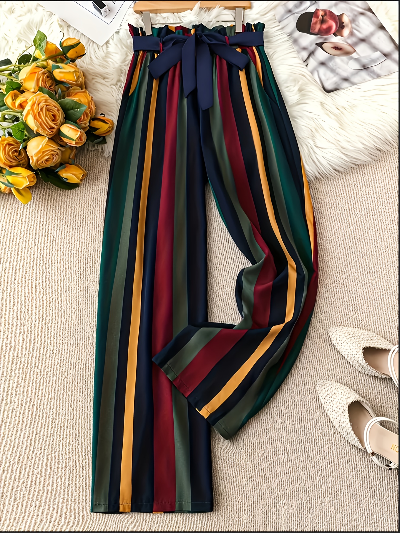 Women's Casual Wide Leg Pants Striped Pattern Machine