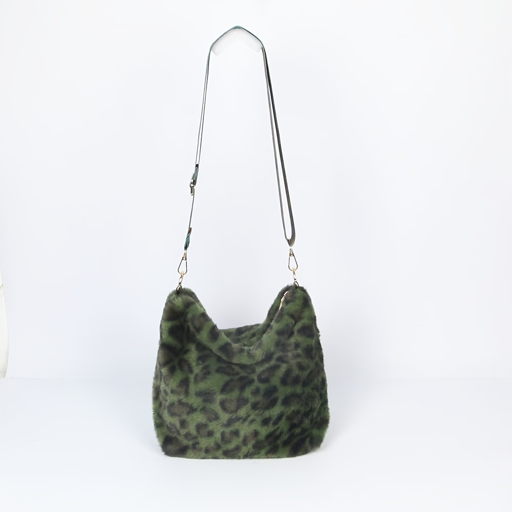 Image of Cheap Fashion Casual Fluffy Leopard Print Plush Shoulder Bag For Women