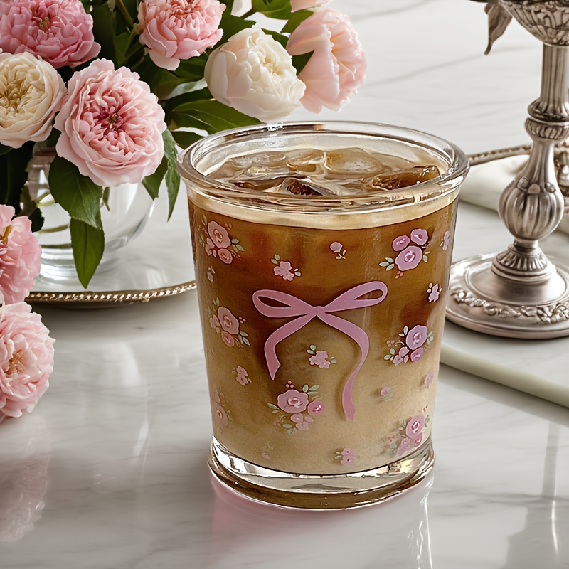 

Chic French Rose Glass Cup With Bowknot - Leak-proof, Bpa-free, Reusable Coffee & For Breakfast And Valentine's Day Gift