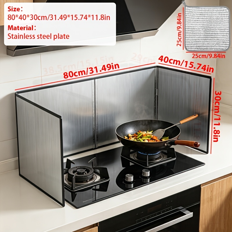 TEMU 1pc Double-panel Galvanized/stainless Steel Splash Guard, With Cloth, Heat-resistant, , Kitchen Stove Protection Cover, Foldable Design, Protect