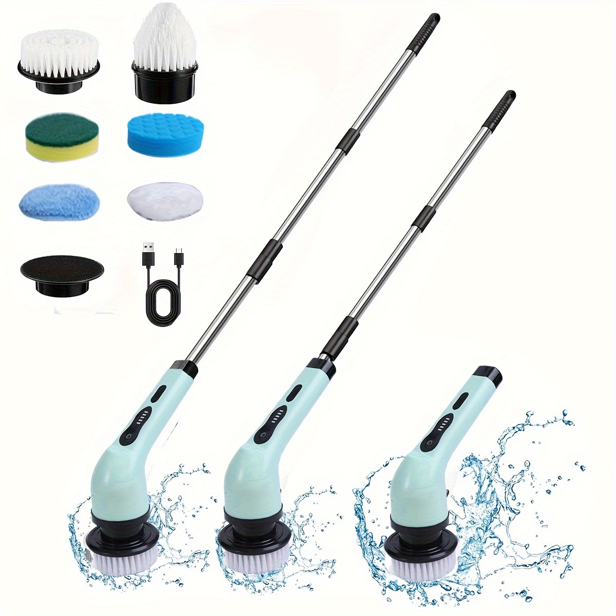 1 set 6 in 1 electric spin scrubber with 6 replaceable brush head set only 9 replaceable heads power cordless electric cleaning brush with adjustable long handle rechargeable shower scrubber for bathroom kitchen bathtub tile shower car