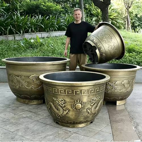 oversized 27 5 23 inch 90 50 liter heavy duty planting tools and flower pots with crack resistant resin pots with high strength design no drainage holes or with drainage holes decorated with raised embossed bronze patterns