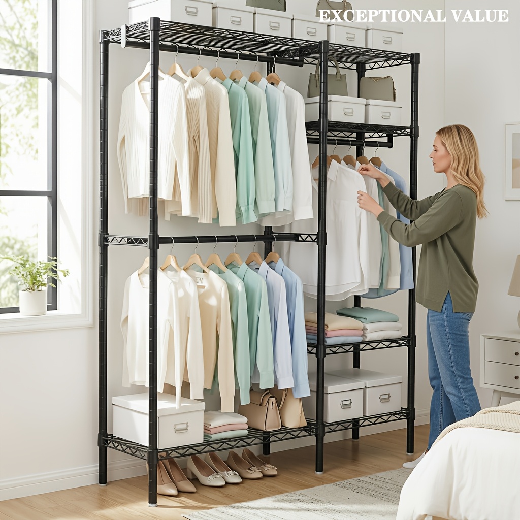 Image of Heavy-duty Freestanding 4-tier Clothes Rack With 3 Hanging Rods - Sturdy Metal Wardrobe Organizer Suitable For Small Apartments, Space- Tall Clothing Shelf, Ideal Gift For Parents & ( Assembly)