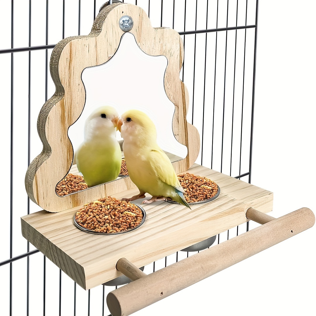 

Wooden Bird Perch With Mirror And Stainless Steel Feeding Cups - Parrot Mirror Cage, Bird Food Water Feeder For Budgie Parakeet Macaw Cockatiels