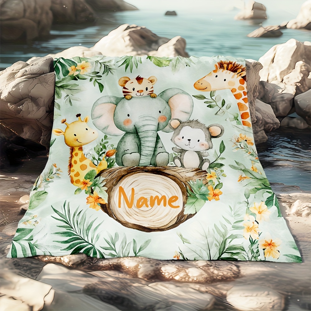 1pc Custom Name Cute Animal Flannel Throw Blanket - Soft Polyester Fiber, Machine Washable, Chunky Knit Fleece For…: retailer-supplied image