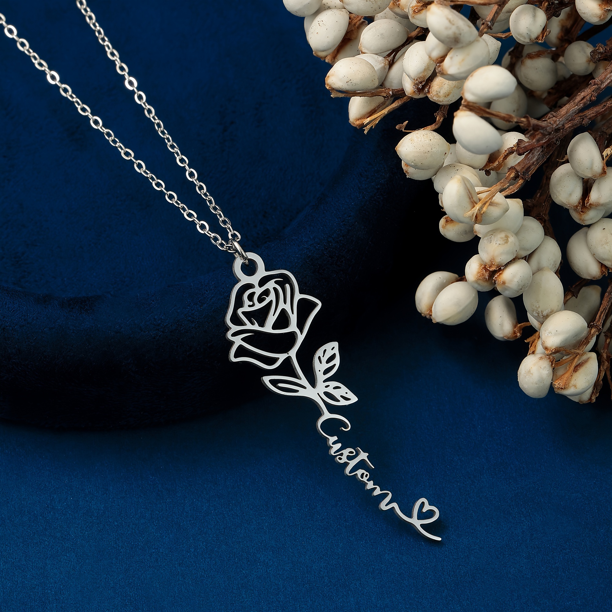TEMU 1pc Custom Flower Name Necklace Stainless Steel Pendant Personalized Rose Nameplate Choker Necklace Lover Jewelry Gift