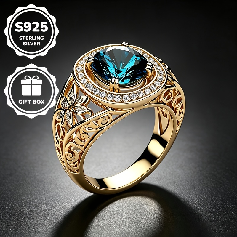 Image of 1pc S925 925 Silvery Plated Luxurious Court Style Blue Synthetic Cubic Zirconiaia Ring, Unisex, High-quality Jewelry, Suitable For Daily Casual Wear And Banquet Parties, Middle Eastern Style