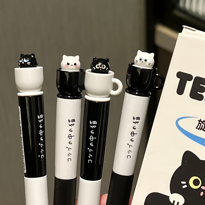 TEMU 4pcs Teacup Cat Rotating Retractable Gel Pens, Black And White Minimalist Color Scheme, Three-dimensional Cat Decoration On The Pen Tip,