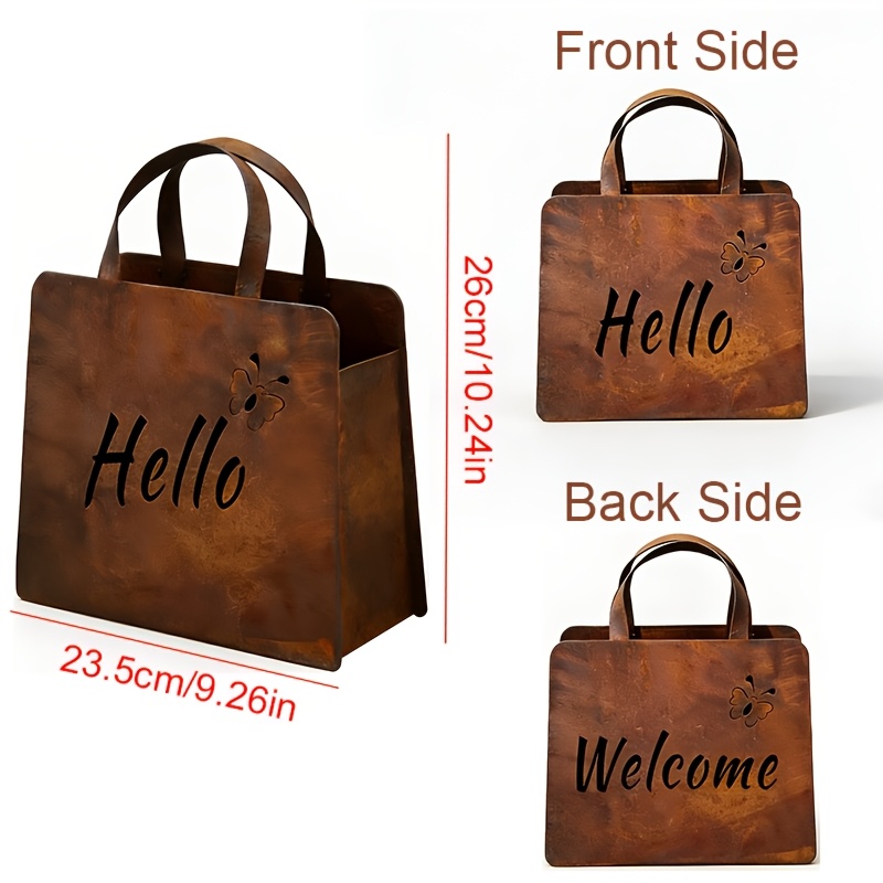 E-shop Vintage Handtasche-Gartenstatue aus Eisen mit „Hello & Welcome“-Schild, elegantes Gartenskulptur-Mini-Blumenkasten aus rostigem Eisenmaterial,
