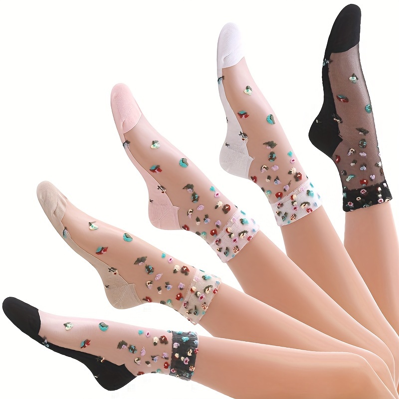 

5 Pairs Ultra-thin Floral Socks, Sweet & Breathable Sheer Short Socks, Women's Stockings & Hosiery