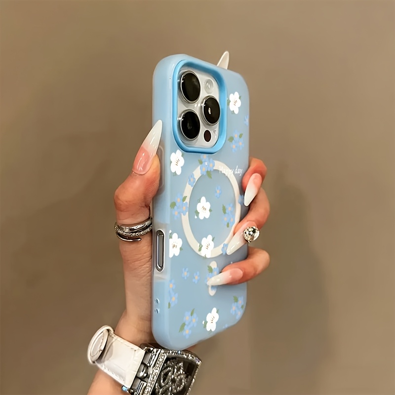 TEMU Phone Case: Multiple Colors ! ! Blue And White Small Floral Pattern, Light Luxury Macaron-colored Skin-feel Jelly Magnetic Wireless Charging