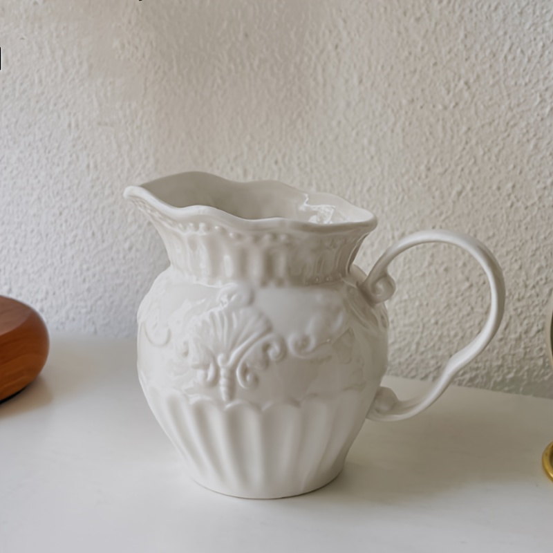 

1pc Vintage Ceramic Embossed Flower Vase, Cylinder Floral Teapot, Decorative Large Capacity For Tea