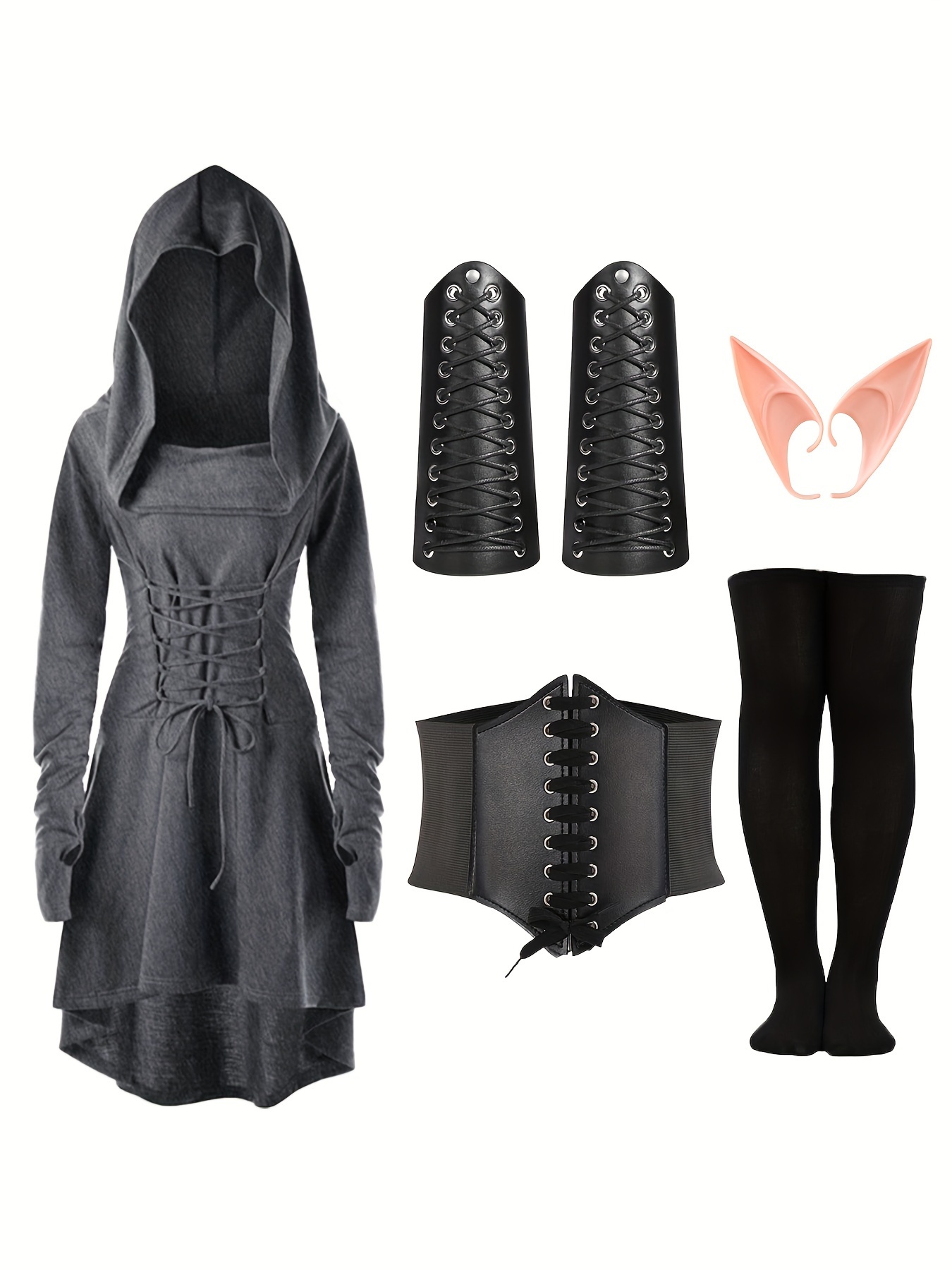 5pcs, Women Medieval Renaissance Costume Hooded Dress Long Sleeve Gothic Clothing Carnival Costume Elves Cosplay Robe with Elf Ears Corset Overknee Socks Arm Protector