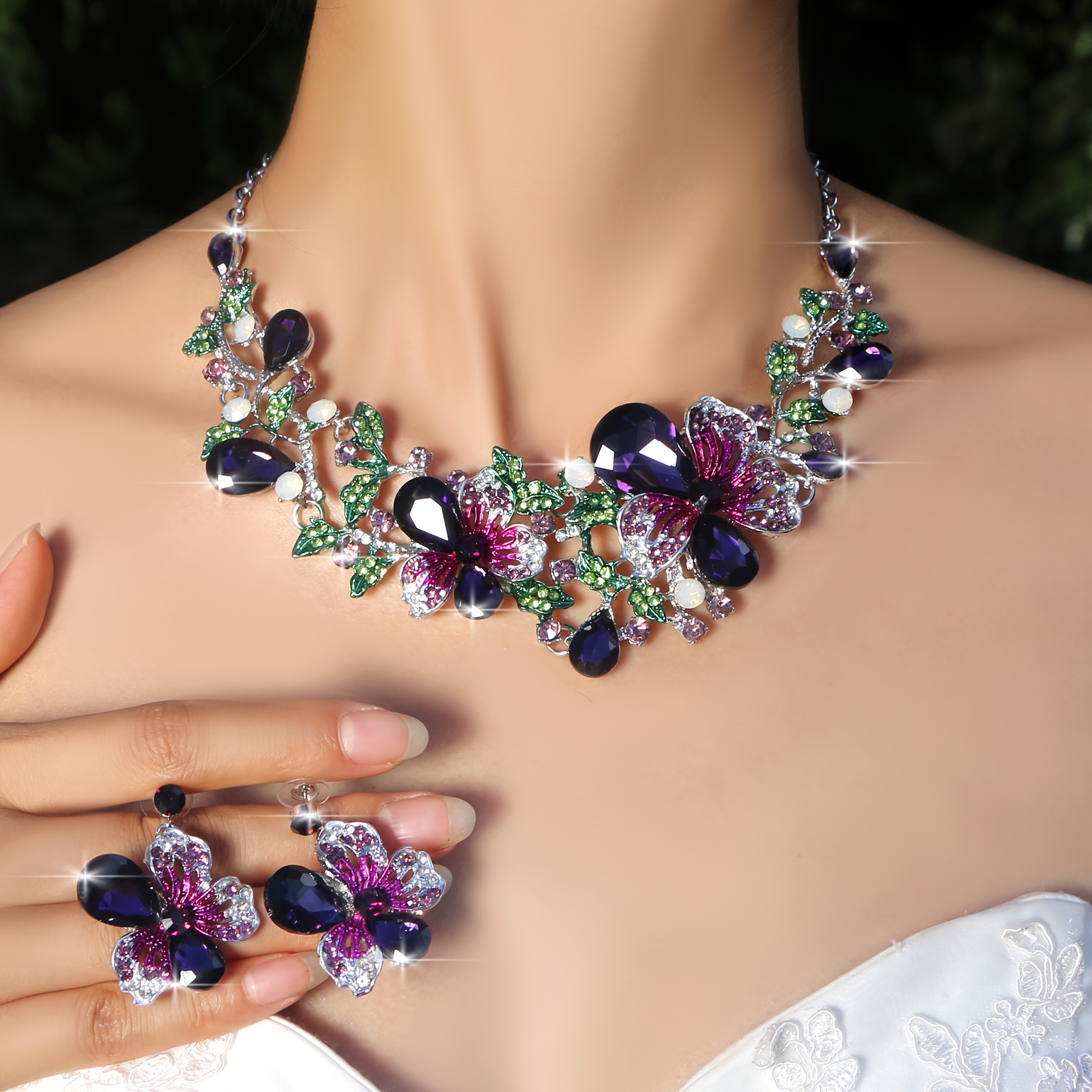 A Luxurious And Sparkling Floral Colored Necklace And Earring Set, Perfect for Brides, Wedding Jewelry, And Party Accessories with a Bling Effect.