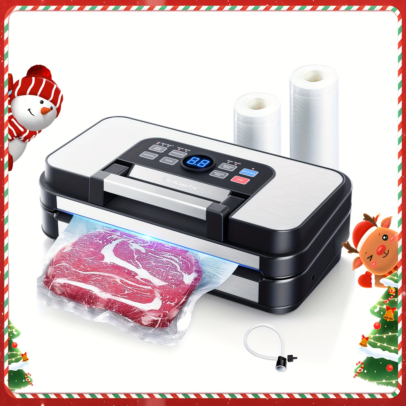 

Beelicious 95000 Pa Stainless Steel Vacuum Sealer, 10-in-1 Multifunctional With Easy-locking Handle, Dual Heat Seals & Pumps, Built-in Cutter - Ideal For Food And Bag Storage, Includes Accessories