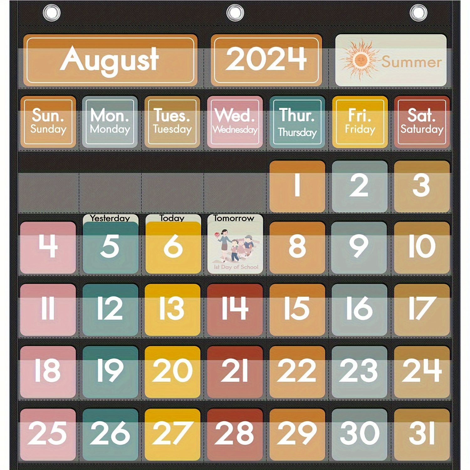 

Classroom Calendar Pocket Chart With Colorful Double-sided Cards Set, Bohemian Style Educational Hanging Organizer For School, Home - Essential For Teachers And Classroom Decor