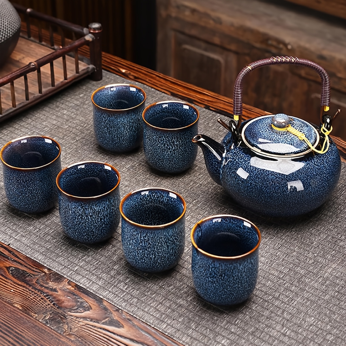 TEMU Chinese-style Tea Set, Including 1 Teapot And 6 Cups, Traditional Portable Kiln- Glazed Porcelain Tea Set, Suitable As A Mother's Day Gift For