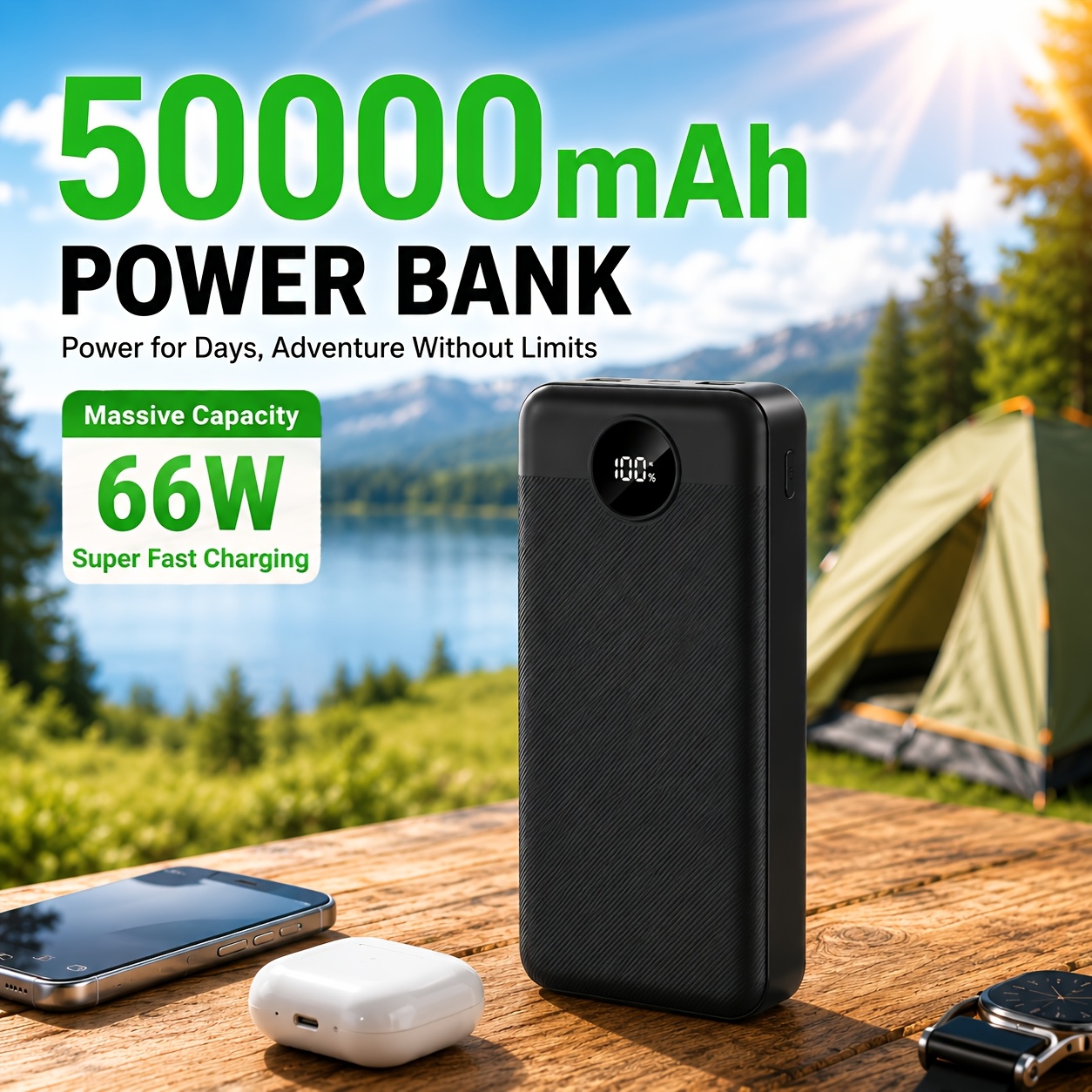 50000mah high capacity power bank   display 66w fast charging portable charger for iphone   phones suitable for camping equipment   high capacity power station with   local warehouse