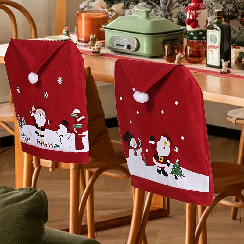 

6pcs Christmas Chair Covers Set - & Snowman , Polyester, No Needed - For Dining &