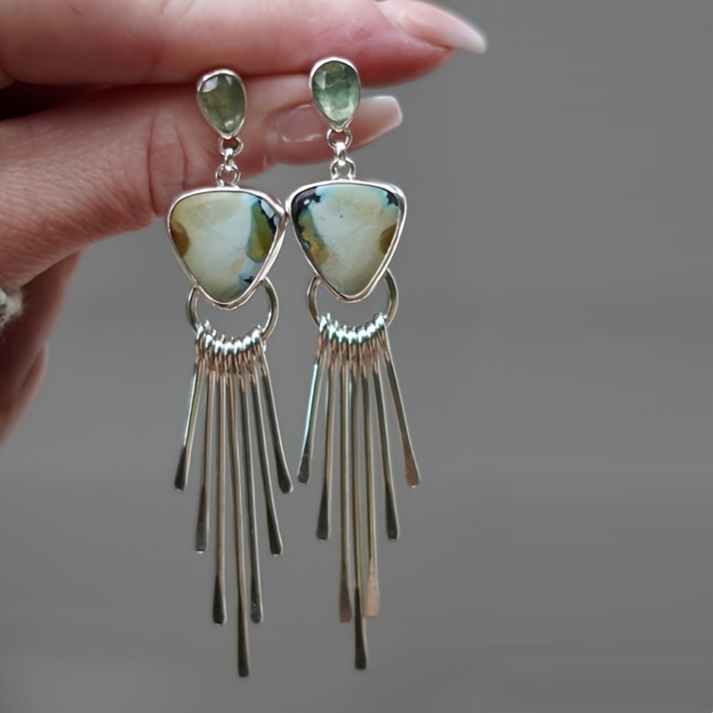TEMU Bohemian-style Long Fringe Drop Earrings With Synthetic Gemstone Inlay And Alloy