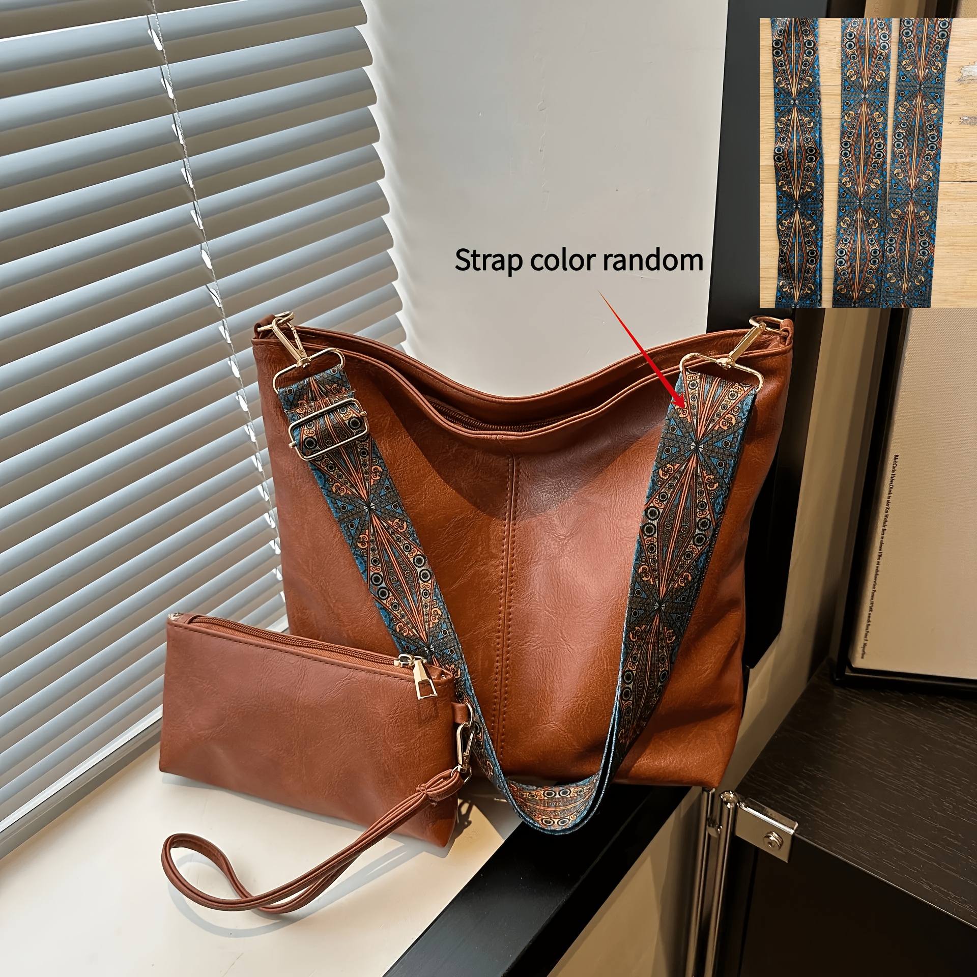 TEMU 2pcs Vintage Pu Material Women's Bucket Tote Bag Set, Adjustable Wide Shoulder Strap Large Capacity Matching Set, Meeting And Versatile Fashion,