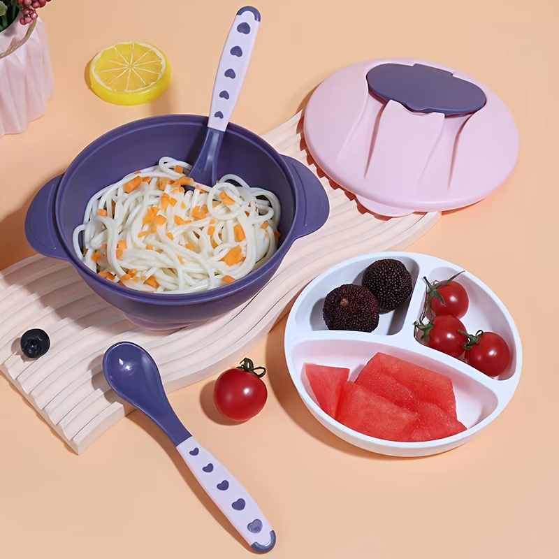 

A Set Of 6 Bpa-free Feeding Utensils For Children, In , Including A Suction Base, Spoon, Fork, , Bowl Lid, And -compartment Plate, Suitable For Feeding Of Kids.