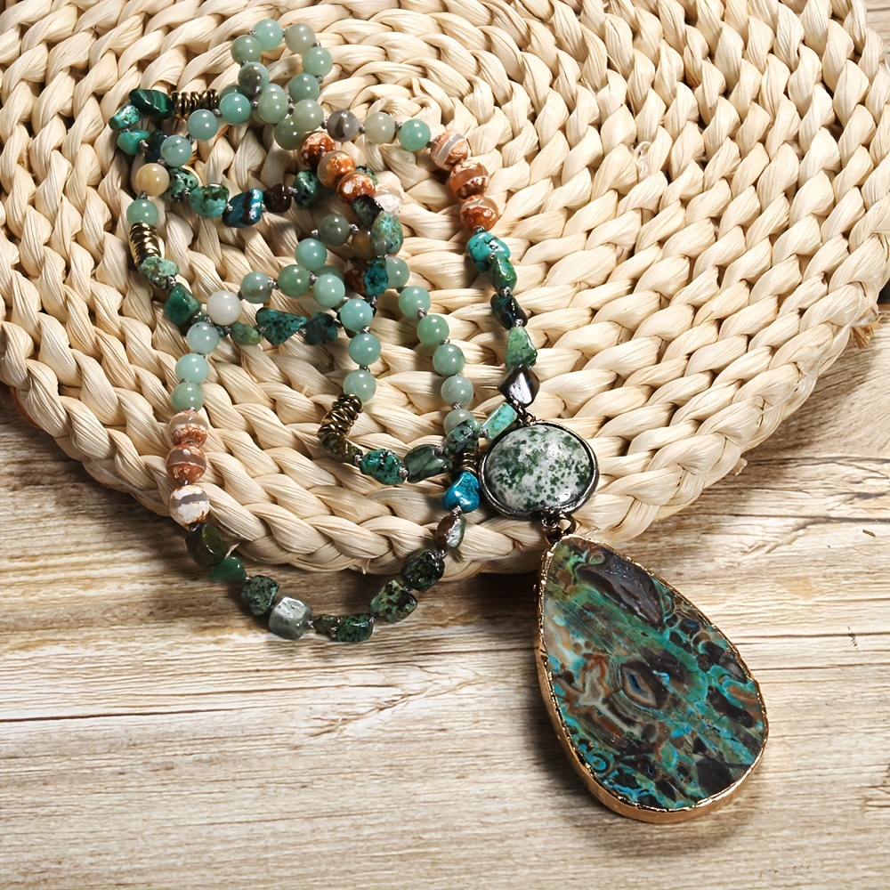 

Natural Stone Pendant Necklace Vintage Boho Style Beaded Neck Jewelry Decoration Accessory