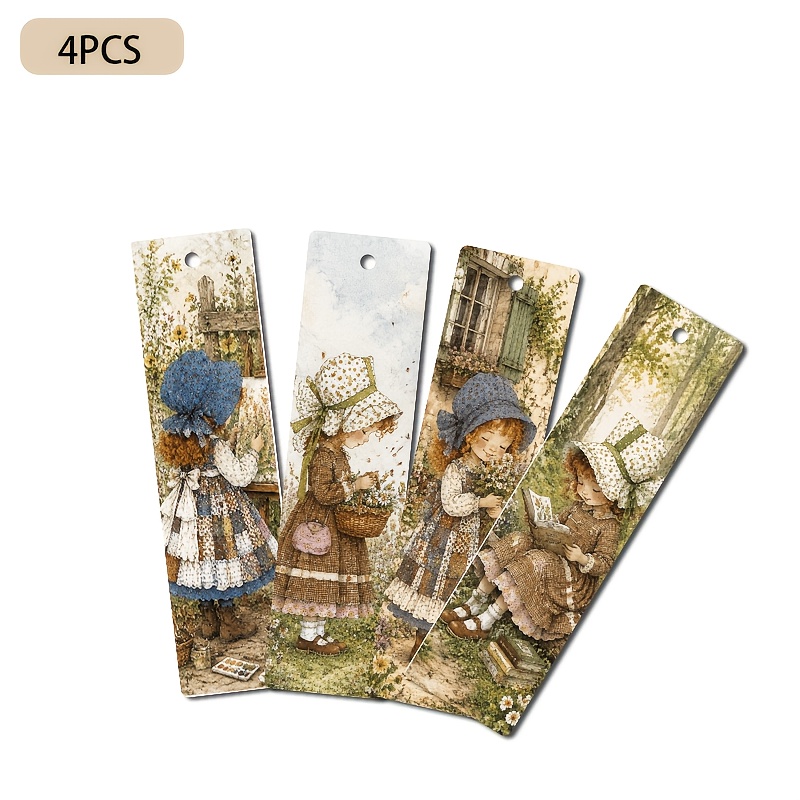 TEMU 4pcs, Pastoral Style, Flower Basket, Books, Seasonal Flowers, Retro Distressed , 1.6in X 5.9in 2d Printed Faux Leather Bookmarks With Tassels,