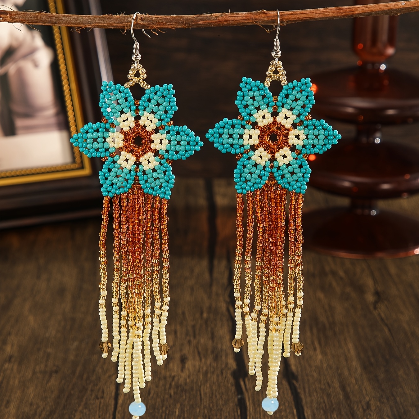 TEMU A Pair Of Long Tassel Earrings For Women In A Bohemian Style, Featuring Blue Floral Multicolored Gradient Glass Beads, Handcrafted With Glass Seed Beads, Wear And Versatile For Gifting