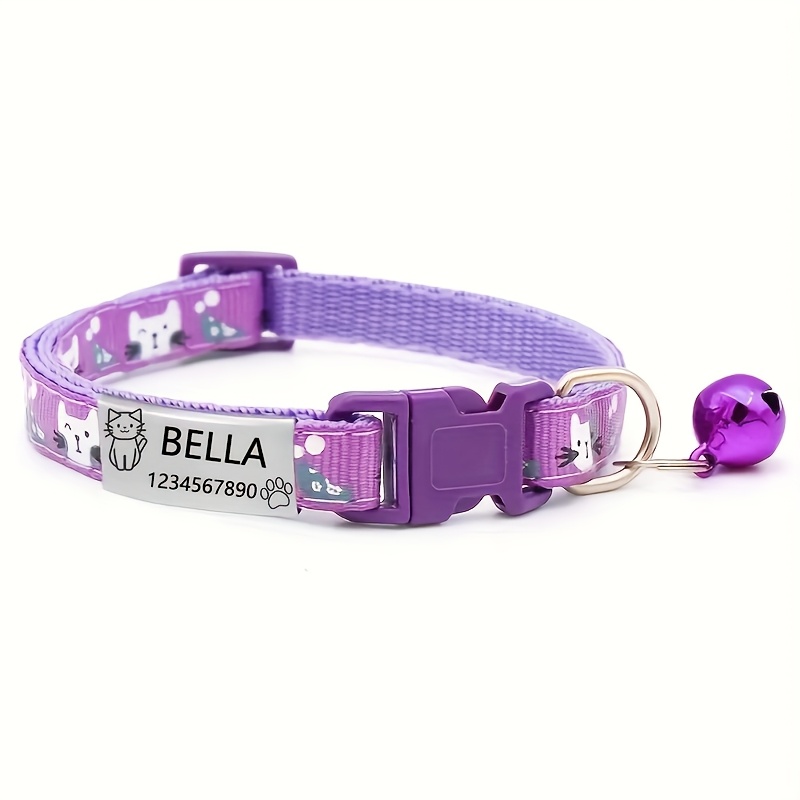 TEMU Personalized Cute Cat Face Pattern Pet Collar With Nameplate, Featuring Kitten Paw Print Design. Customizable Engraving For And Owner's Phone